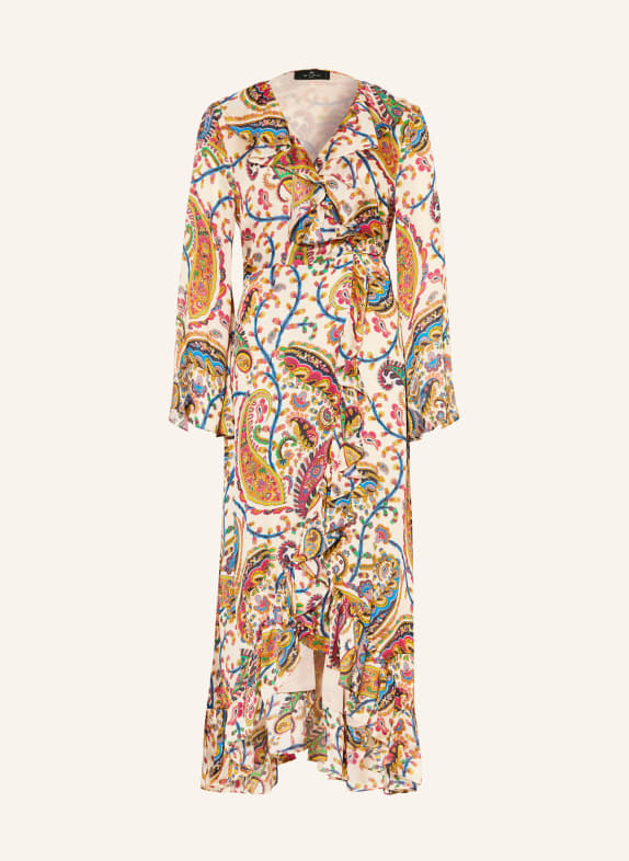 ETRO Silk wrap dress with flounces CREAM / ORANGE / BLUE