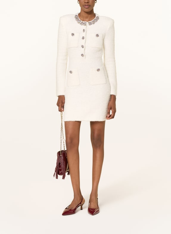 self-portrait Tweed-Kleid mit Schmucksteinen ECRU