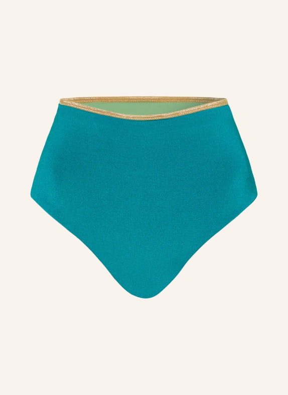 MYMARINI Odwracalne figi bikini SHINE z wysokim stanem i ochroną UV 50+ TURKUSOWY / ZŁOTY / JASNOZIELONY