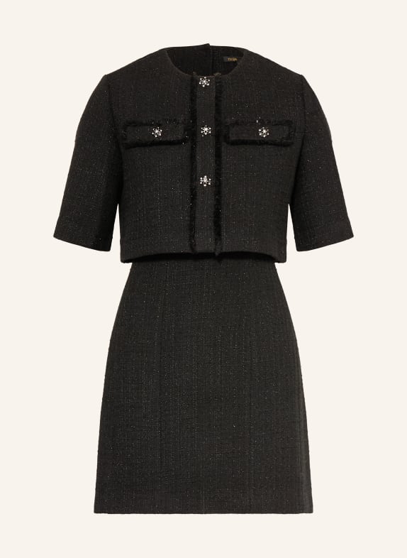 maje Set: Tweed-Kleid und Tweed-Jacke mit Glitzergarn und Schmucksteinen SCHWARZ