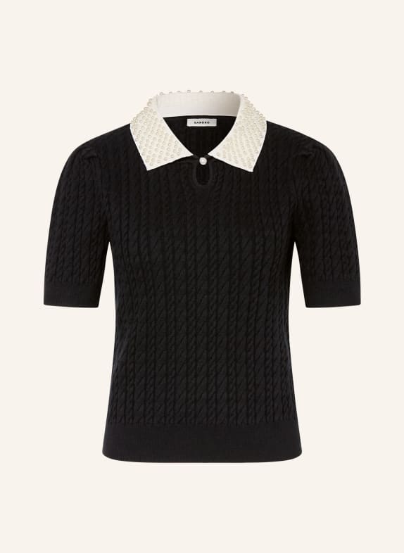 SANDRO Dzianinowa koszulka z odpinanym kołnierzem i ozdobnymi perełkami CZARNY