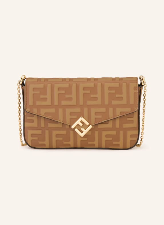 FENDI Portfel FF DIAMONDS do przewieszenia przez ramię BRĄZOWY / ZŁOTY