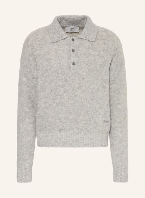 AMI PARIS Strick-Poloshirt mit Alpaka HELLGRAU
