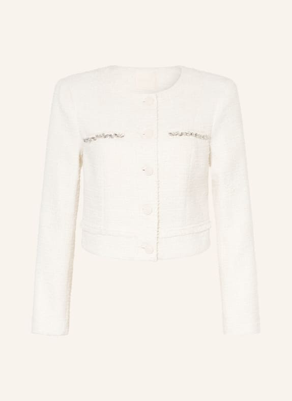GUESS Tvídové sako CLOTHILDE s ozdobnými kameny a třpytivou nití KRÉMOVÁ / STŘÍBRNÁ
