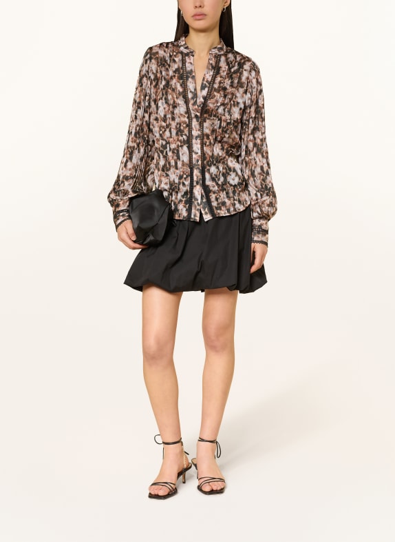 GUESS Blouse JOSETTE met plooien en opengewerkte kant LICHTGRIJS / BRUIN / ZWART