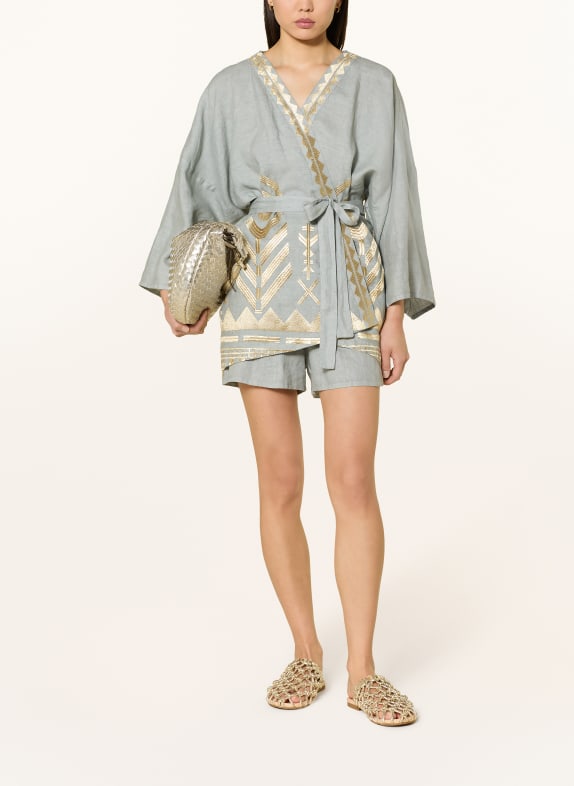 Greek Archaic Kori Linnen kimono voor dames LICHTGRIJS / GOUD