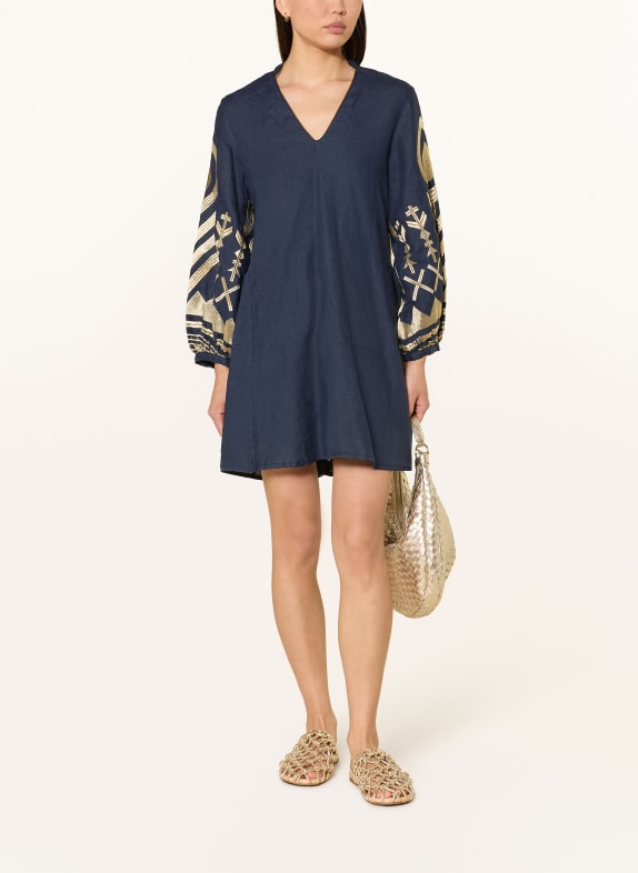 Greek Archaic Kori Strandkleid FEATHER aus Leinen DUNKELBLAU / GOLD