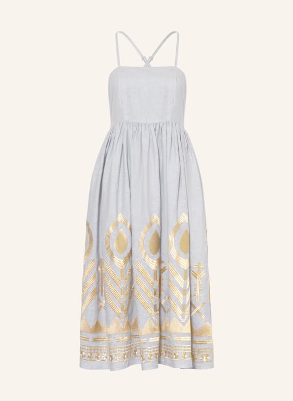 Greek Archaic Kori FEATHER linen beach dress with glitter thread LIGHT GRAY / GOLD