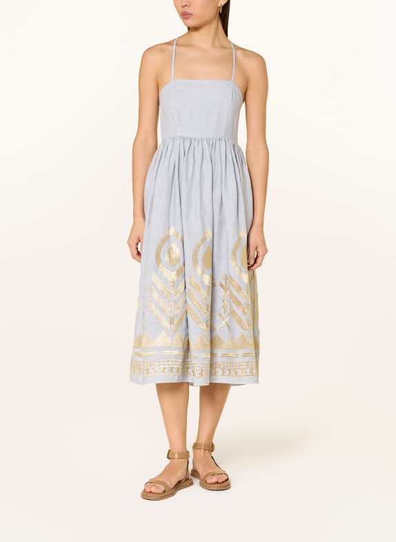 Greek Archaic Kori FEATHER linen beach dress with glitter thread LIGHT GRAY / GOLD