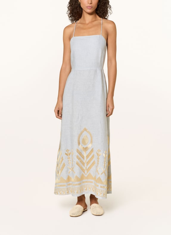 Greek Archaic Kori Strandkleid FEATHER aus Leinen mit Glitzergarn HELLBLAU / GOLD