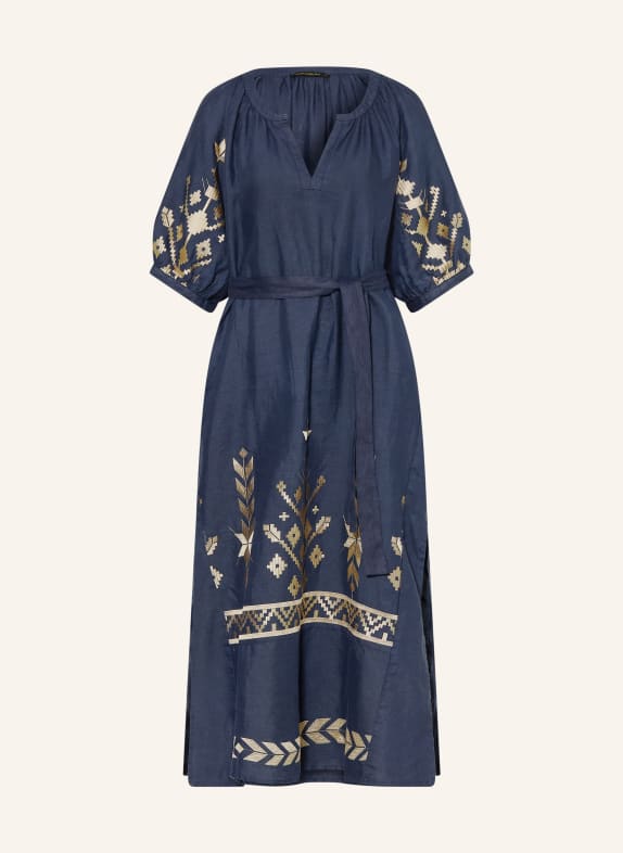 Greek Archaic Kori IOS linen beach dress with 3/4 sleeves DARK BLUE / GOLD