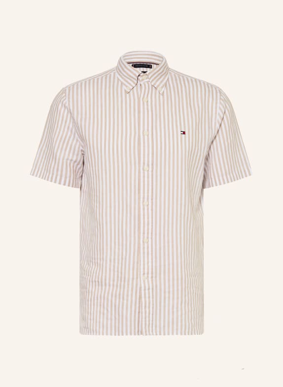 TOMMY HILFIGER Kurzarm-Hemd Regular Fit mit Leinen BEIGE / WEISS