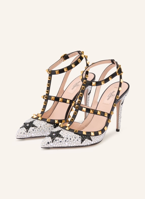 VALENTINO GARAVANI Slingpumps ROCKSTUD mit Schmucksteinen und Nieten SCHWARZ / GOLD / CREME