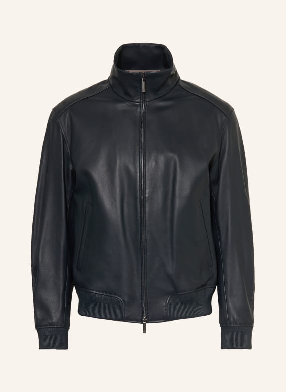 BOSS Kožená bunda MAMUN TMAVĚ MODRÁ