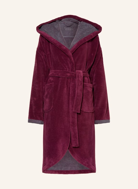 VOSSEN Unisexový župan CARMEN s kapucí TMAVĚ FIALOVÁ / TMAVĚ ŠEDÁ
