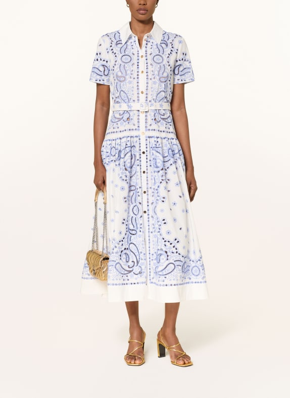 self-portrait Hemdblusenkleid mit Lochspitze WEISS / HELLBLAU