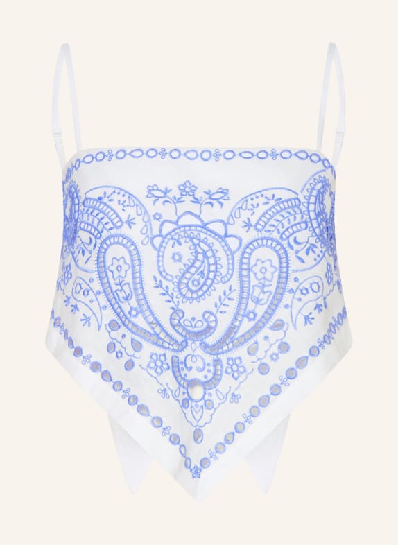 self-portrait Lněný top s prolamovanou krajkou BÍLÁ / TMAVĚ MODRÁ