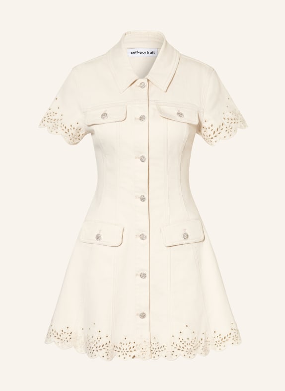 self-portrait Robe en jean avec dentelle ajourée et pierres décoratives CRÈME