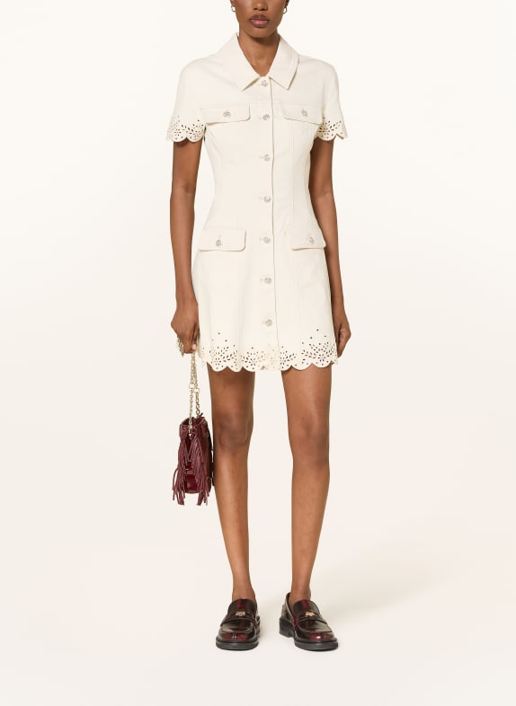 self-portrait Denim dress with lace and gemstones CREAM