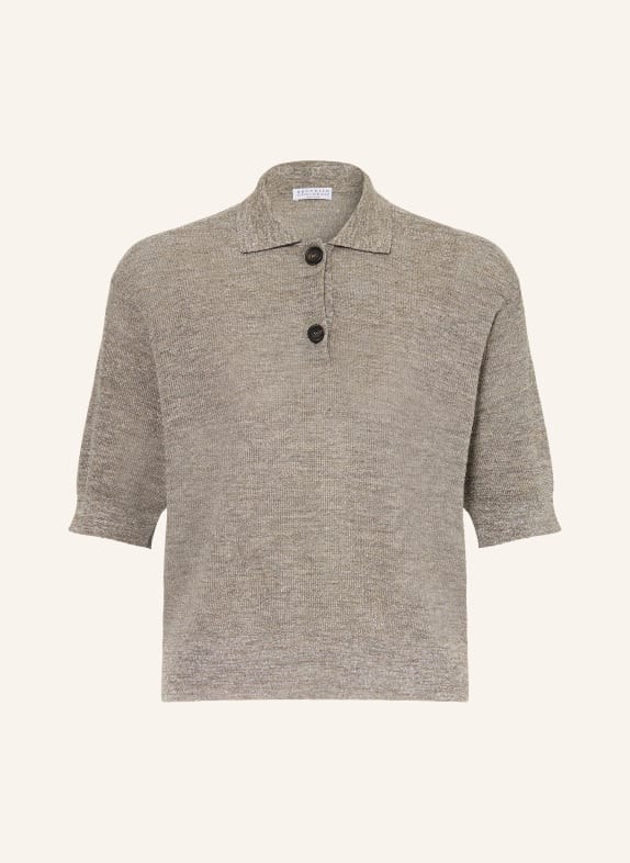 BRUNELLO CUCINELLI Strick-Poloshirt mit Leinen und Glitzergarn TAUPE
