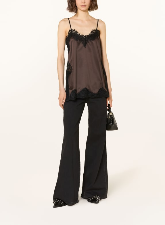 MRS & HUGS Satijnen top met kant MARRON FONCÉ / ZWART
