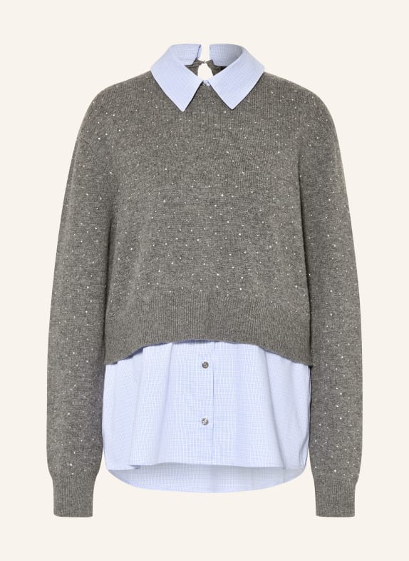 maje Pullover im Materialmix mit Schmucksteinen DUNKELGRAU / HELLBLAU / WEISS