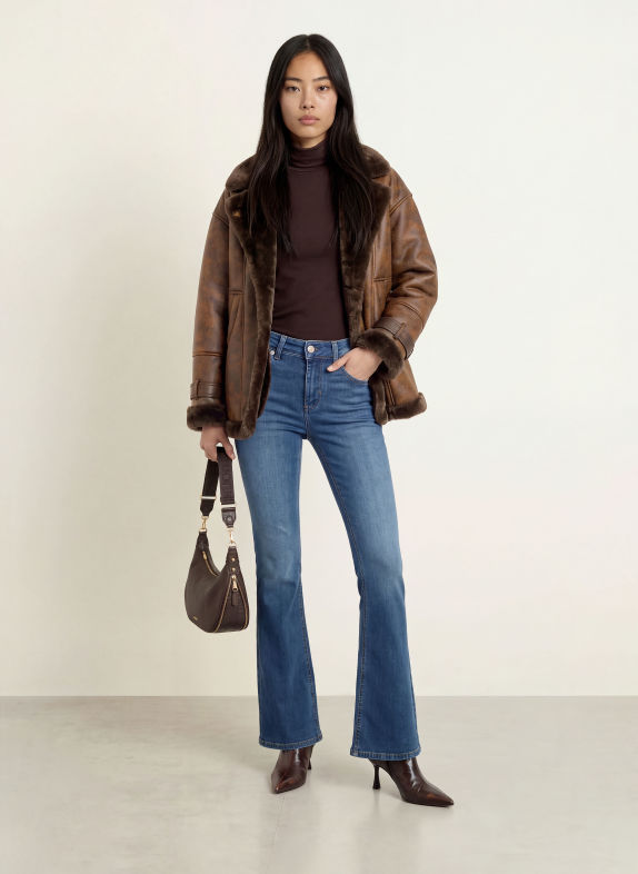 LIU JO Leather-look jacket with faux fur DARK BROWN
