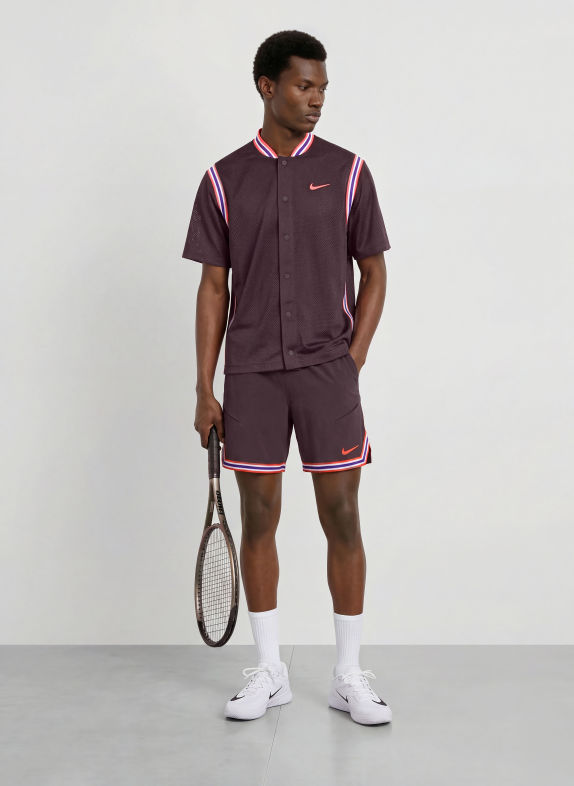 Nike Tenisové šortky COURT SLAM TMAVĚ FIALOVÁ / NEONOVĚ ORANŽOVÁ / BÍLÁ