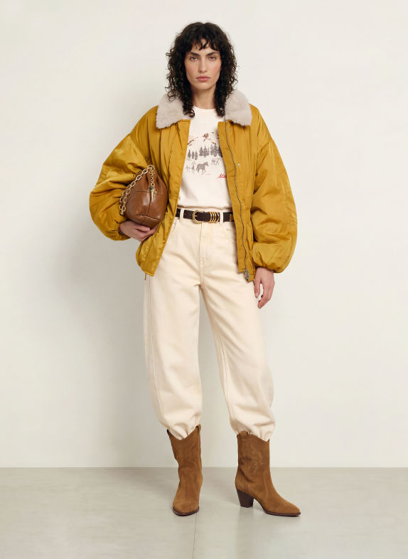 MARANT ÉTOILE SELJA Jacket with Faux Fur Collar DARK YELLOW / BEIGE