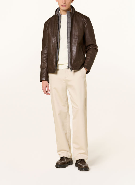 MILESTONE Veste en cuir MSBARNEY avec empiècement amovible MARRON FONCÉ / GRIS
