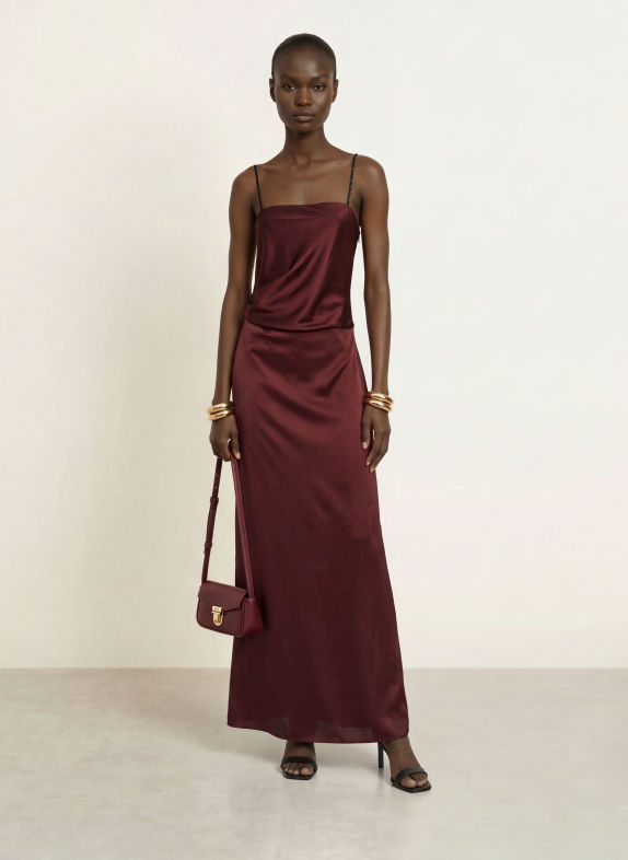 HUGO Abendkleid KIBLE aus Satin mit Schmucksteinen DUNKELROT