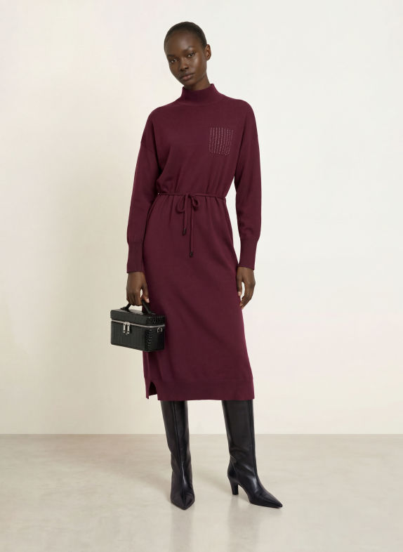 PESERICO Strickkleid mit Seide und Schmucksteinen DUNKELROT