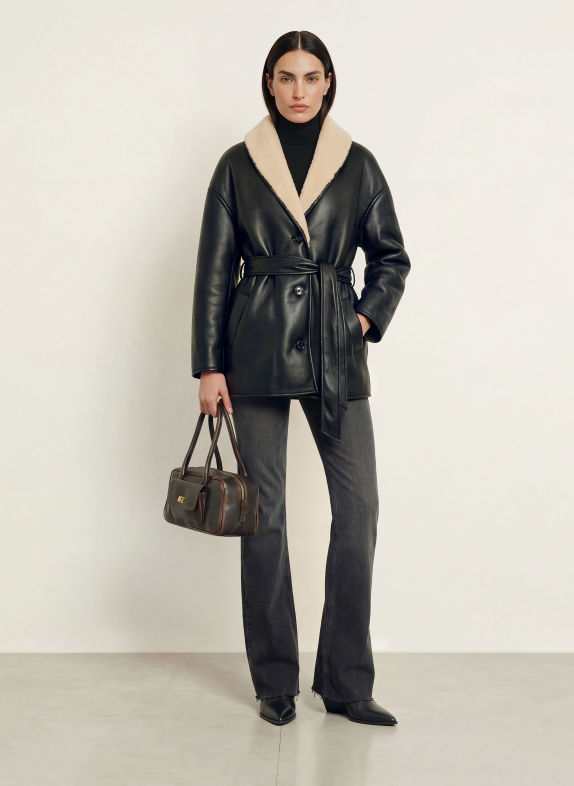 STAND STUDIO Jacke KATHI in Lederoptik mit Kunstfell SCHWARZ