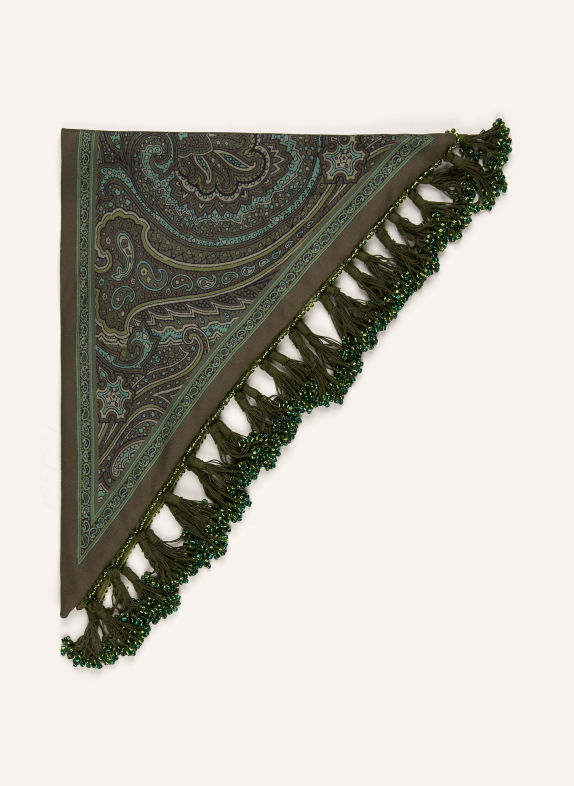 ETRO Foulard triangulaire en soie orné de pierres décoratives GROEN / OLIVE / BLEU PÉTROLE