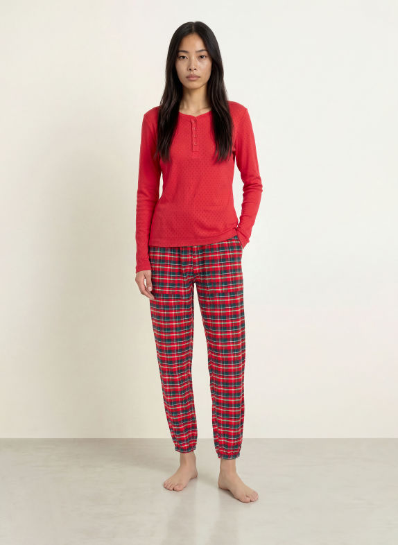 JOCKEY Pyjamasbukser PURE COTTON i flannel RØD / MØRKEBLÅ / HVID