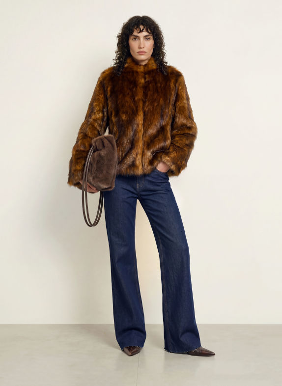 PATRIZIA PEPE Faux Fur Jacket DARK ORANGE / YELLOW / BLACK