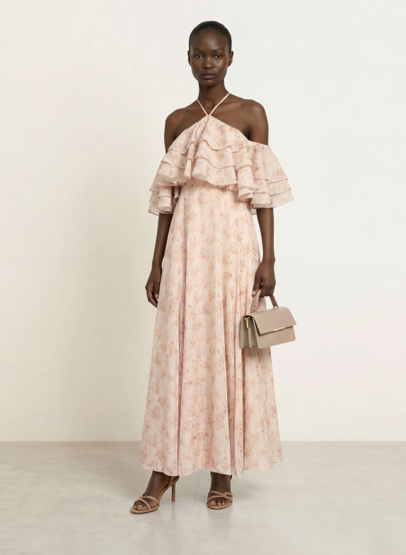 TED BAKER Sukienka z odkrytymi ramionami CEYLIA z falbanami KREMOWY / RÓŻOWY / OLIWKOWY