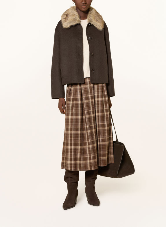 Oui Jacket with a detachable faux fur collar DARK BROWN / BEIGE