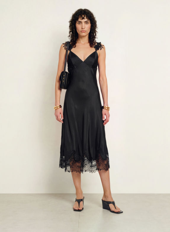 FARM RIO Robe en satin avec de la dentelle NOIR