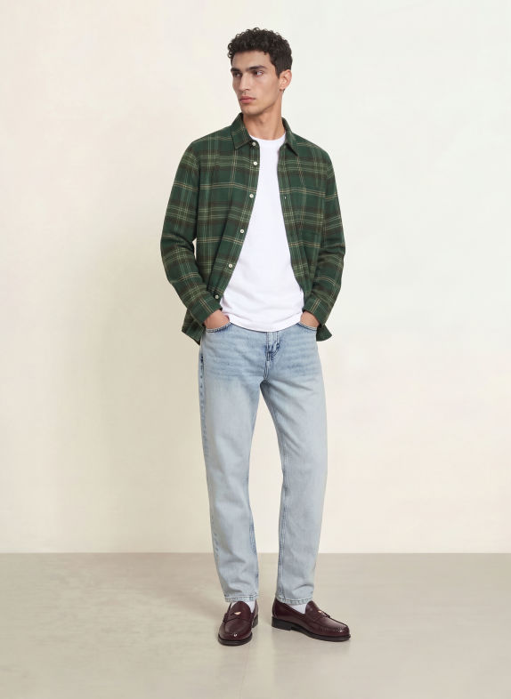 LES DEUX Comfort Fit Flannel Shirt DARK GREEN / DARK BROWN / BEIGE