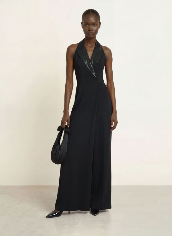 RIANI Wrap-style jumpsuit with rhinestones BLACK
