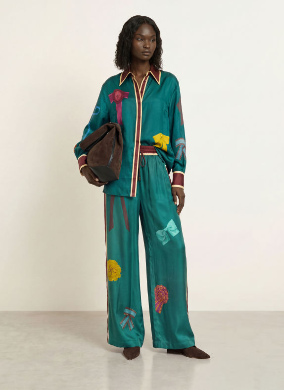 ALÉMAIS Pantalon en soie ROSETTE BLEU PÉTROLE / MARRON / JAUNE CLAIR