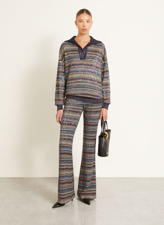 MISSONI Knitted pants with sequins and glittery yarn LIGHT GRAY / DARK RED / DARK BLUE