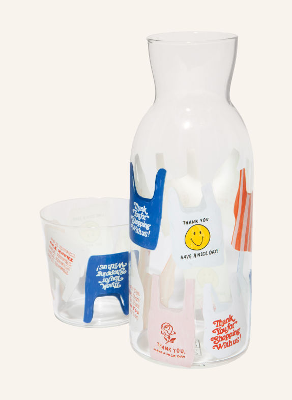 DOIY 2-piece CORNER SHOP set: Carafe and drinking glass WHITE / ORANGE / DARK BLUE