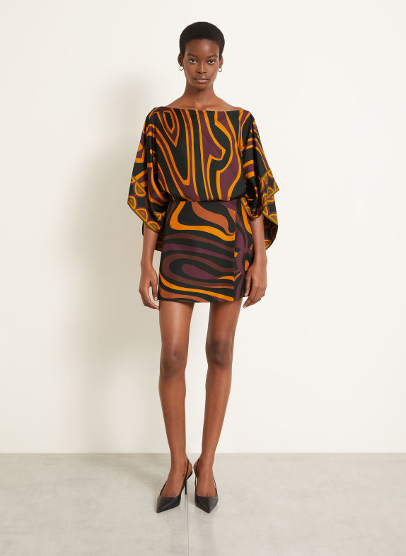 PUCCI Jupe portefeuille en soie ROUGE FONCÉ / ORANGE / NOIR
