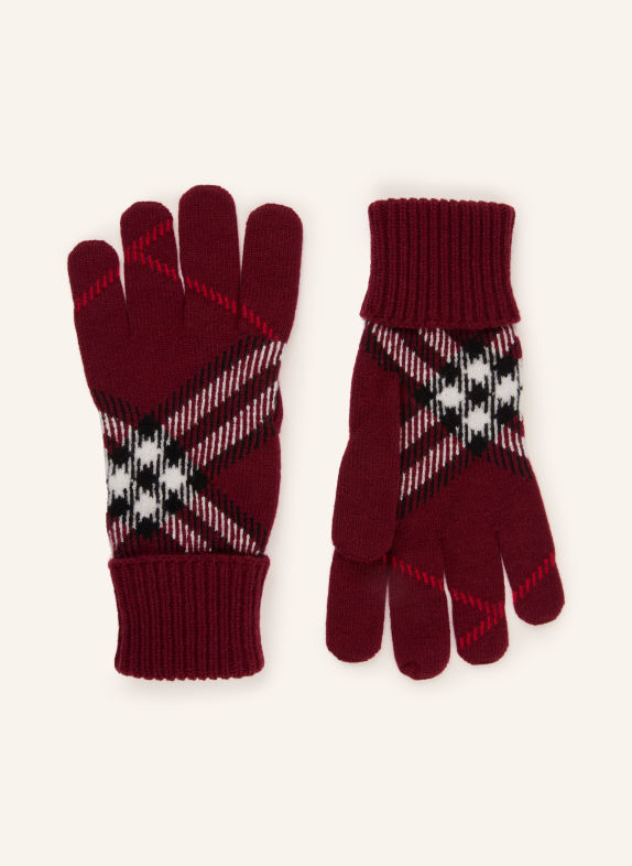 BURBERRY Rękawiczki z kaszmiru CIEMNOCZERWONY / BIAŁY / CZARNY