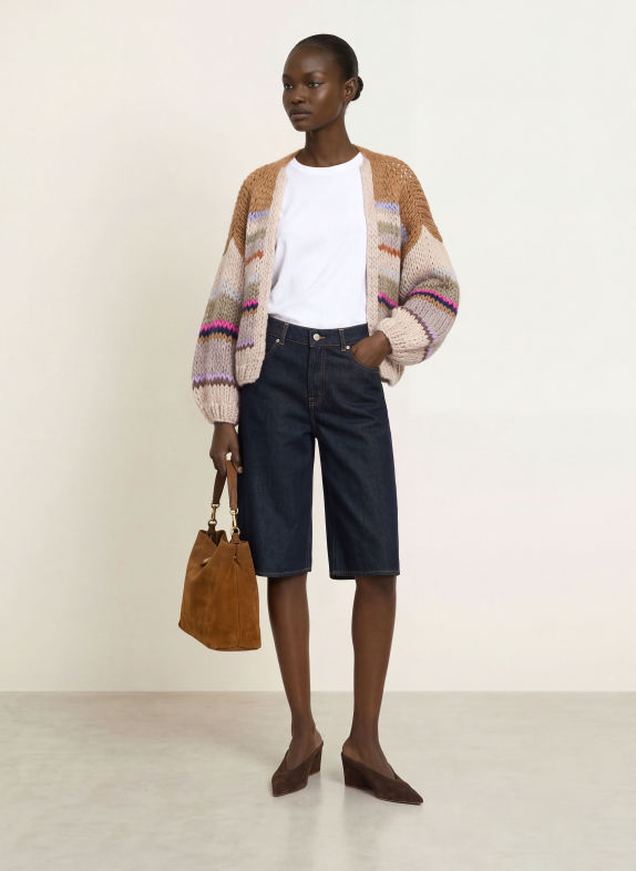 MAIAMI Gilet ouvert en maille avec de l'alpaga CHAMEAU / ROSE FUCHSIA / BLEU CLAIR