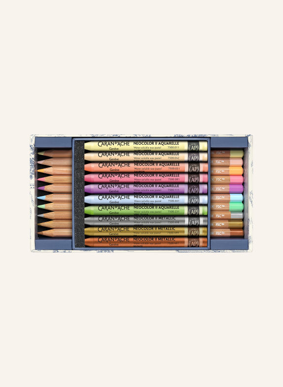 CARAN d'ACHE 20-piece TOILE DE JOUY set: NEOCOLOR™ II AQUARELLE watercolor pencils and wax pastels WHITE / BLUE