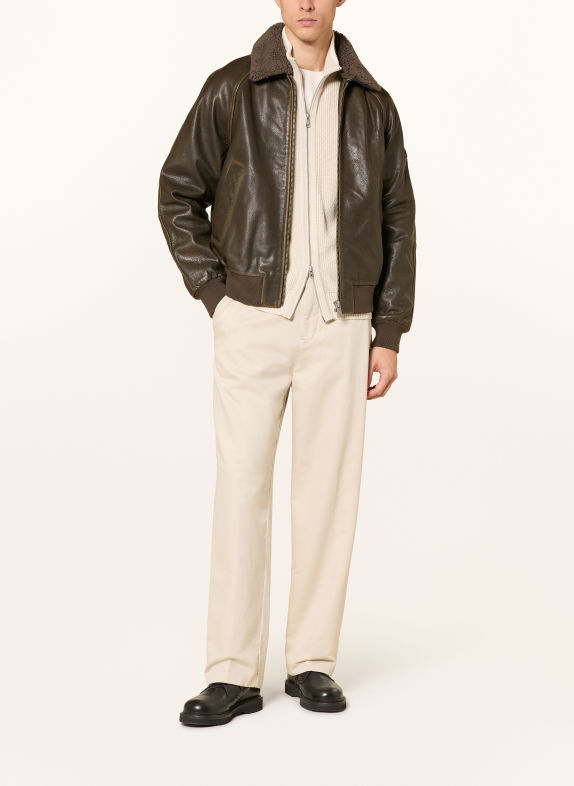 Marc O'Polo Blouson en cuir avec col en fausse fourrure amovible OLIVE