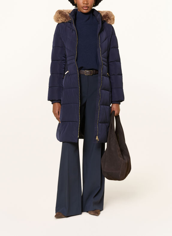 Phase Eight AMBER Quilted Coat with Detachable Hood and Faux Fur DARK BLUE / CAMEL